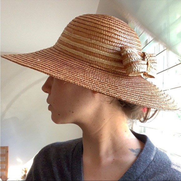 Vintage straw wide brim Hat bow two tone sun - Picture 2 of 6